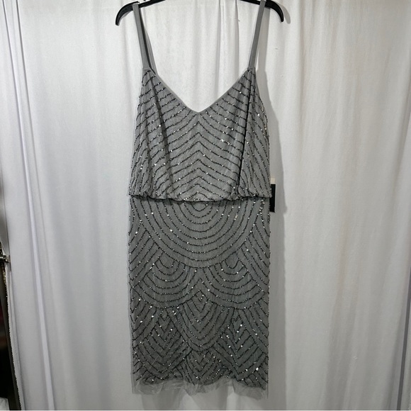 NEW Adrianna Papell Art Deco Sequin‎ Blouson Dress in Grey/Silver [SZ 14 ] - Picture 10 of 13